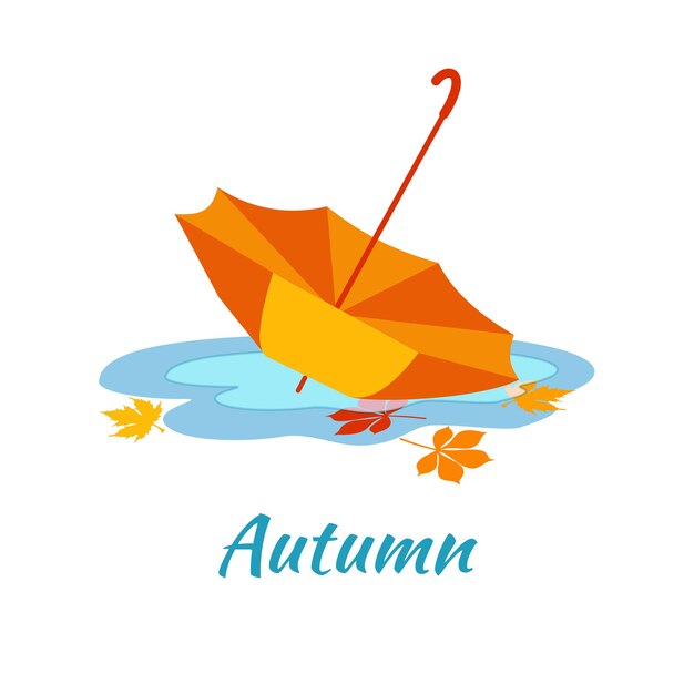 Vectorillustratie met paraplu in een plas. Hallo herfst.