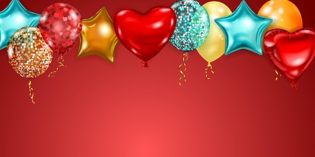 Vectorillustratie met vliegende gekleurde heliumballonnen in verschillende vormen en kleuren op rode achtergrond