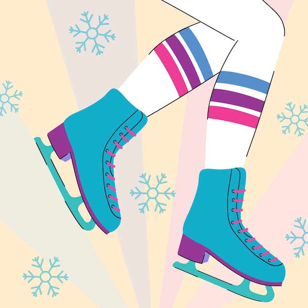 Vector vectorillustratie met voeten in kunstschaatsen op de winter retro achtergrond moderne vintage