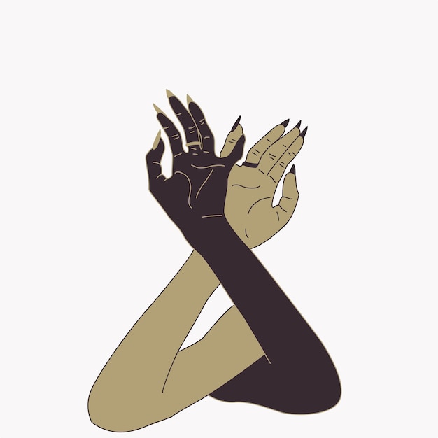 Vectorillustratie met vrouwenhanden met lange nagels hand verstrengeling veelkleurige handen