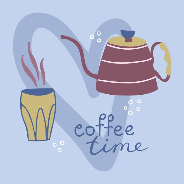 Vectorillustratie met waterkoker hete koffie en koffietijd belettering