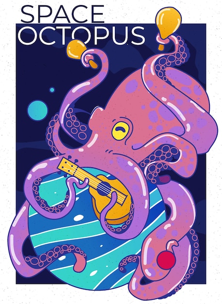 Vectorillustratie Octopus speelt ukelele en maracas terwijl hij op een planeet in de ruimte zit