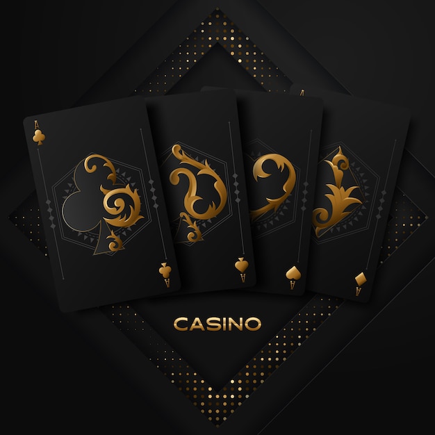 Vectorillustratie op een casinothema met pokersymbolen en pokerkaarten op donkere achtergrond.