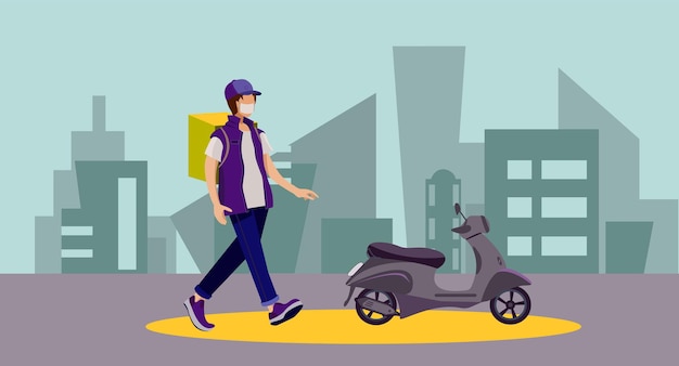 Vectorillustratie op het thema van voedselbezorging Express-koerierbezorging Bezorgscooter-man