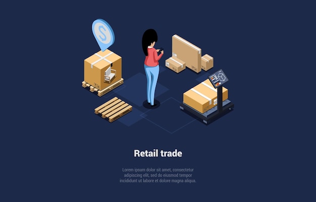 Vectorillustratie op magazijn retail trade concept isometrische 3d-compositie in cartoon stijl vrouw staande in de buurt van kartonnen dozen pakket infographic elementen verkopen producten online services