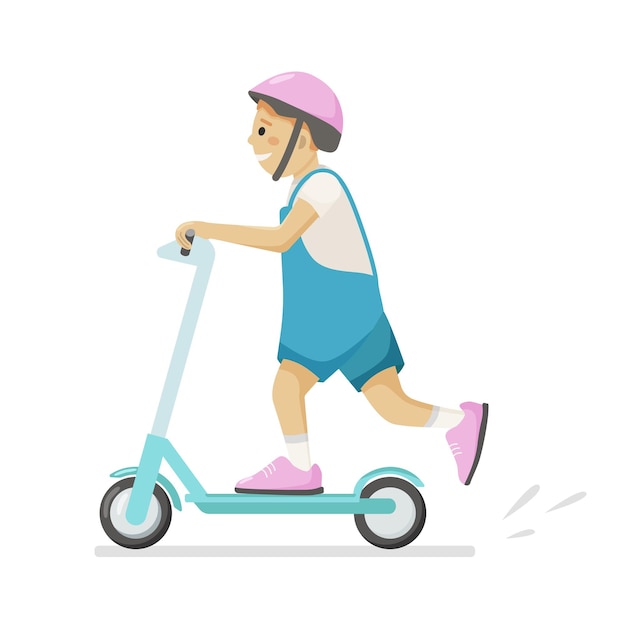 Vectorillustratie op witte achtergrond van een jongen rijden op een scooter in een helm.