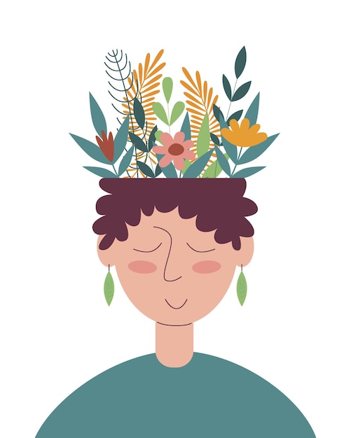 Vectorillustratie over geestelijke gezondheid Vrouw met bloemen op haar hoofd geïsoleerd op witte achtergrond