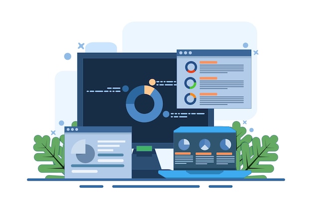 Vectorillustratie over het concept van gegevens en informatie die op het dashboard worden weergegeven