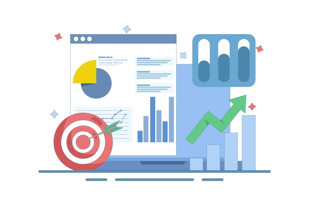Vectorillustratie over het concept van gegevensanalyse of Business Graph Report op laptopcomputer