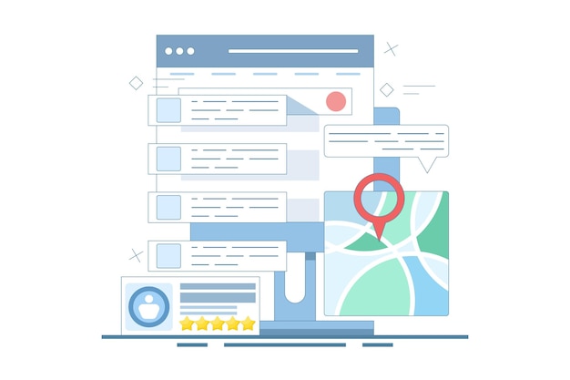 Vectorillustratie over SEO-optimalisatieconcept of bedrijfsadres in de zoekmachinekaart