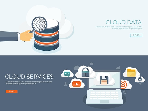 Vectorillustratie platte cloudcomputing achtergrond gegevensopslag netwerktechnologie multimedia