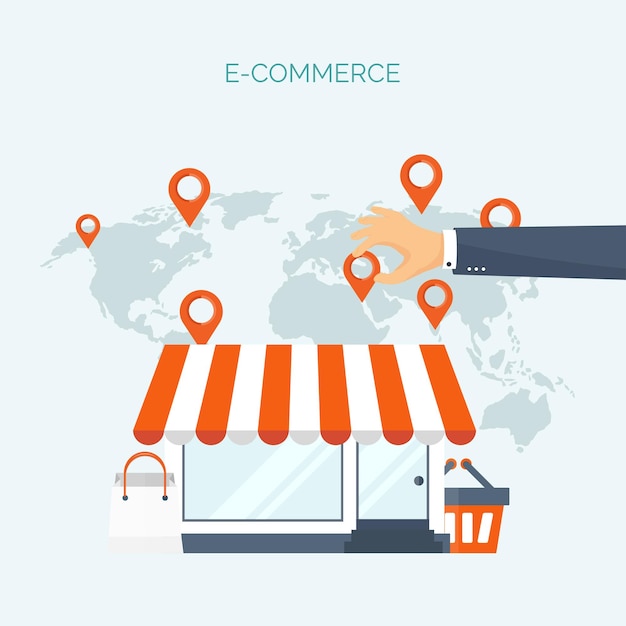 Vector vectorillustratie platte kop winkel webwinkel wereldwijde communicatie handel e-business handel