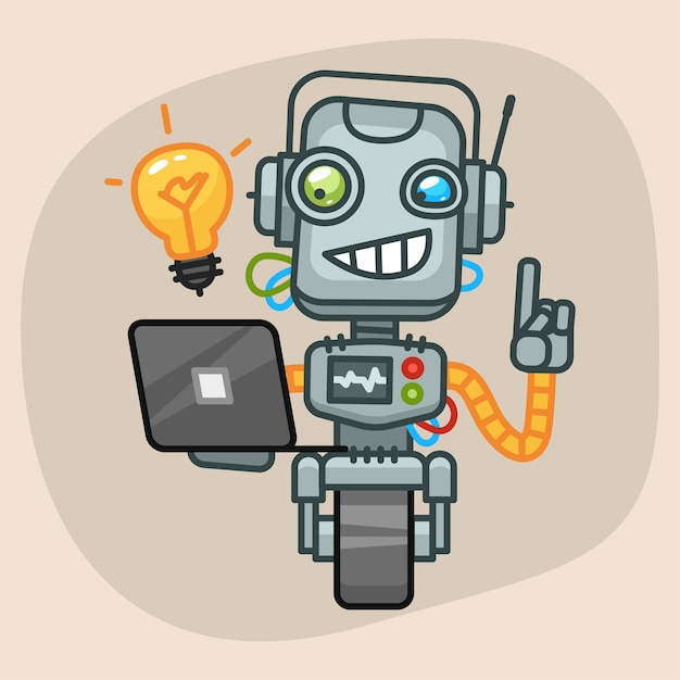 Vectorillustratie, Robot Holding Laptop en kwam op idee, formaat EPS 10