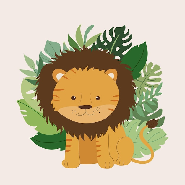 Vector vectorillustratie safari-dieren en tropische bladeren voor kinderen kaartposters op lichte achtergrond