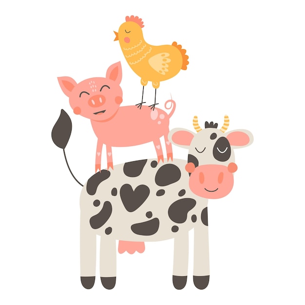 Vectorillustratie schattige koe varken kip boerderijdieren set