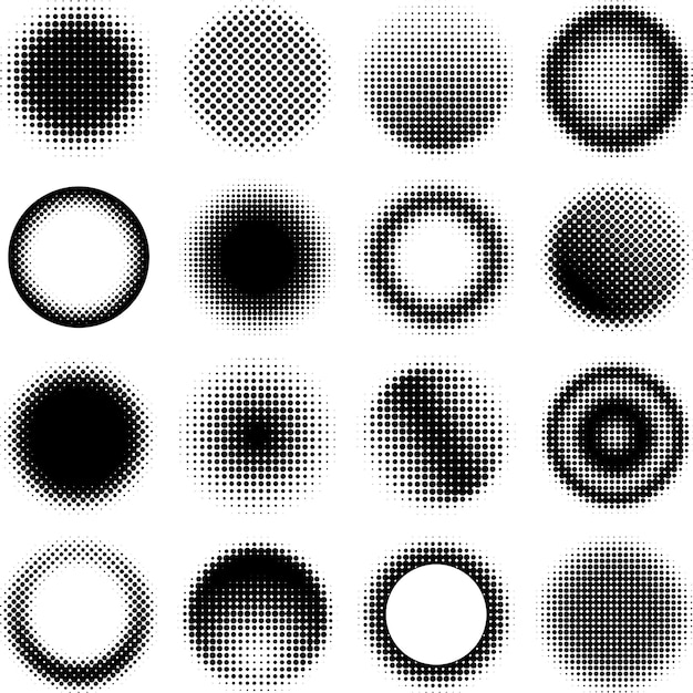 Vectorillustratie Set van 16 halftone cirkels Alle cirkels zijn in het zwart uitgevoerd