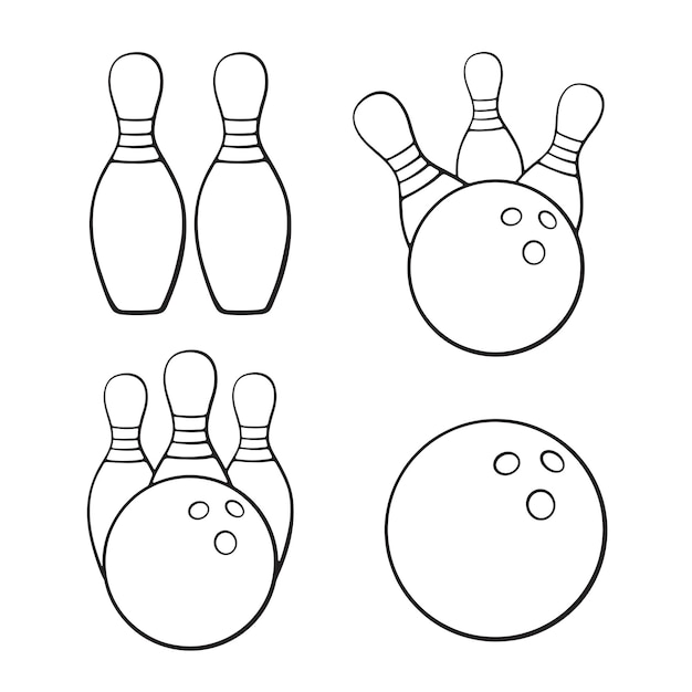 Vectorillustratie Set van bowlingballen en brullende pinnen Hand getrokken doodles van sportuitrusting