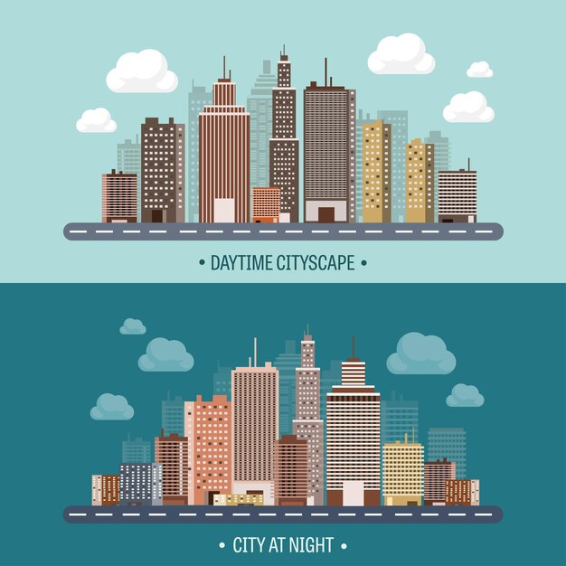 Vector vectorillustratie set van stadssilhouetten stadslandschap stad skyline panorama midtown huizen