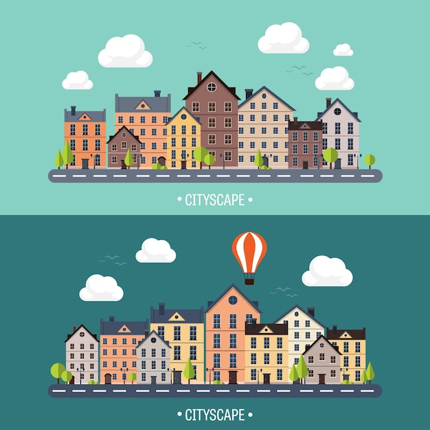 Vector vectorillustratie stadssilhouetten stadslandschap stads skyline panorama midtown huizen in de zomer