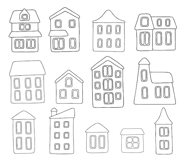 Vectorillustratie van 13 cartoon overzicht huizen. Kleurplaatelement voor uw ontwerp