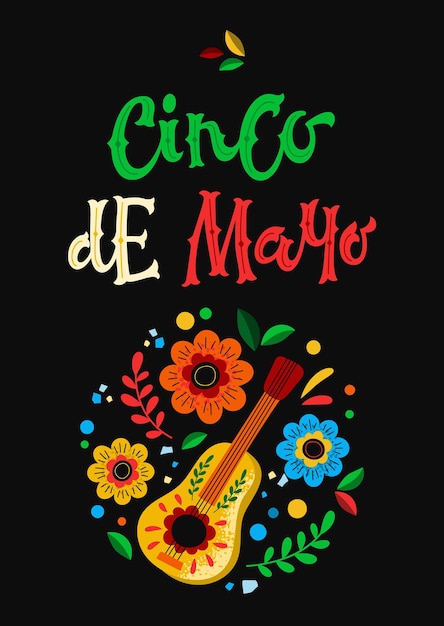 Vectorillustratie van ansichtkaart met zin cinco de mayo en mexicaanse gitaar en bloemen voor vakantieviering op zwarte achtergrond