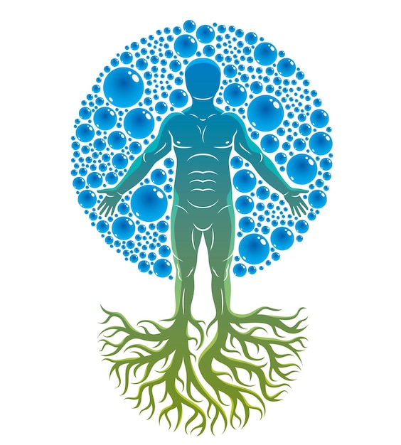 Vectorillustratie van atletische man gemaakt met boomwortels en omgeven met waterbellen, element van water. Milieubehoud metafoor.
