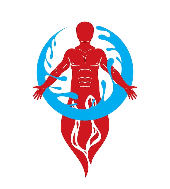 Vectorillustratie van atletische man gemaakt van vuur en omgeven door een waterbal. Natuurelementen harmonie metafoor.