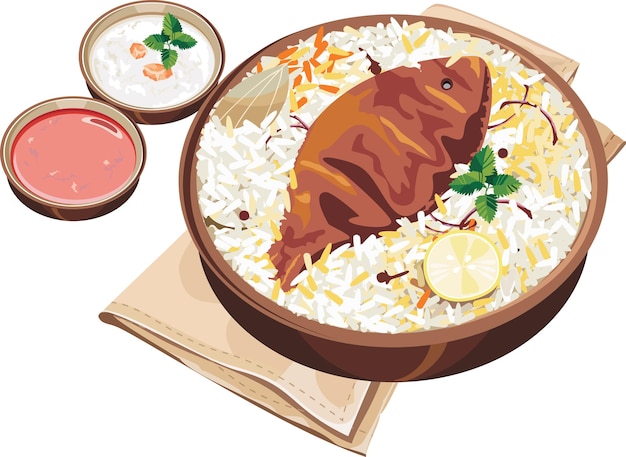 Vector vectorillustratie van authentieke indiase of hyderabadi vis biryani