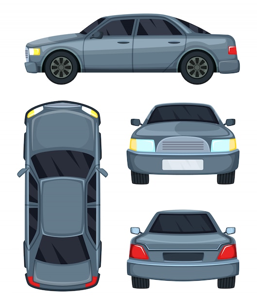 Vectorillustratie van auto. Bovenkant, voor- en achterkant. Auto-auto op wit wordt geïsoleerd dat