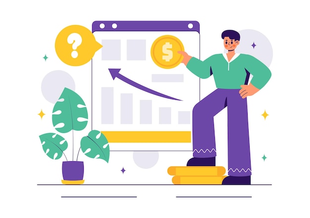 Vectorillustratie van beleggingen op de aandelenmarkt met bedrijfsgroei Financiële beleggingen en marktanalyse met stijgende pijlen en kaarsen