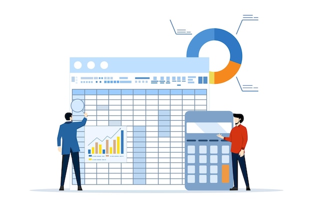 vectorillustratie van boekhouding en financiën auditing concept met zakenman en rekenmachine