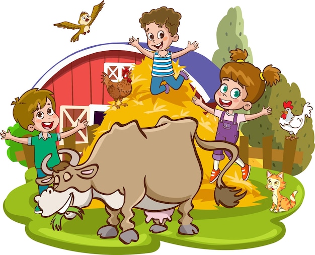 vectorillustratie van boerderijdieren en kinderen