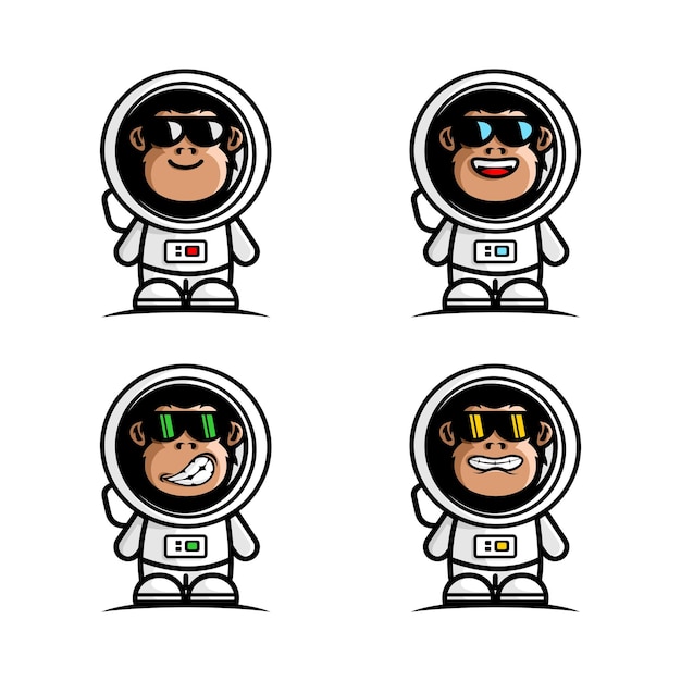 vectorillustratie van cartoon aap die astronautenpak draagt met verschillende uitdrukkingen