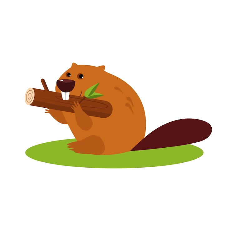 Vector vectorillustratie van cartoon bever met een hout in plat design