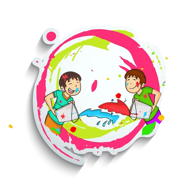 Vectorillustratie van Cartoon jongens samen Holi spelen op papier gesneden penseelstreek en Splash Effect achtergrond