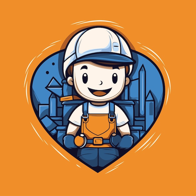 Vectorillustratie van Cartoon kleine jongen bouwvakker in hartvorm op oranje achtergrond