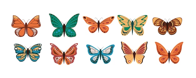 Vectorillustratie van cartoon vlinders geïsoleerd op witte achtergrond Abstracte vlinders kleurrijke vliegende insecten