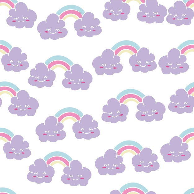 Vectorillustratie van cartoonwolken en regenboog op witte achtergrond voor kinder clipart afdrukbare behangomslagen