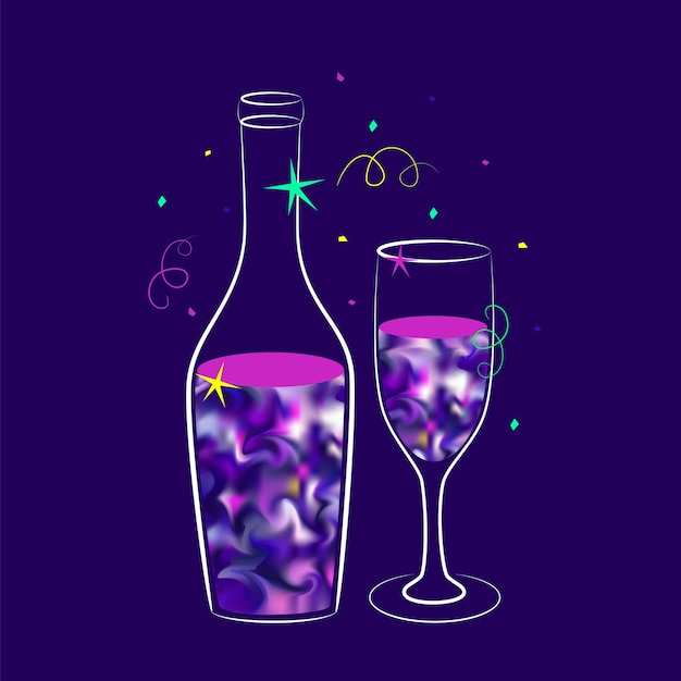 Vector vectorillustratie van champagnebottel en glas in een trendy stijl nieuwjaar en kerstconcept