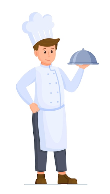 Vectorillustratie van chef-kok karakter. geïsoleerd op witte achtergrond chef-kok met cloche in de hand. bereid diner in een restaurant.