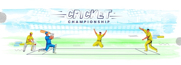 Vectorillustratie Van Cricket Spelers In Actie Pose Op Aquarel Effect Stadion Achtergrond Voor Kampioenschap Concept.