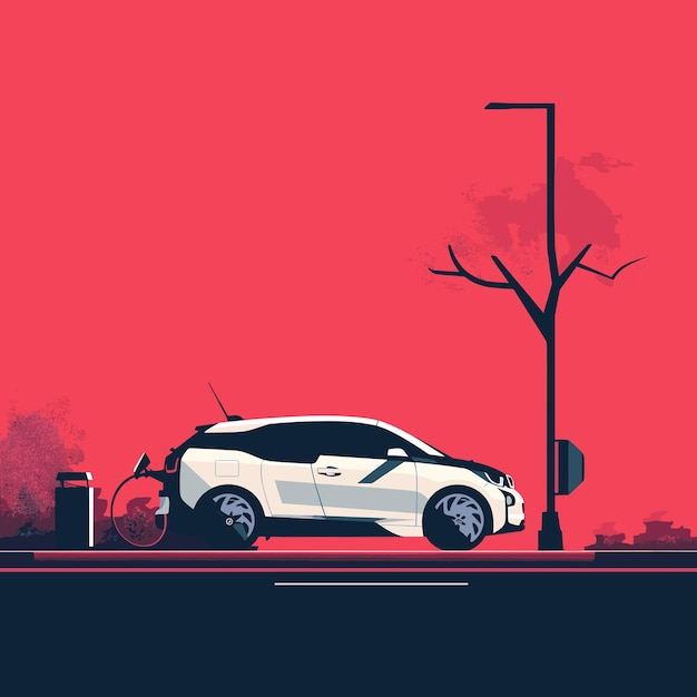 Vectorillustratie van de elektrische auto op de achtergrond van de stad