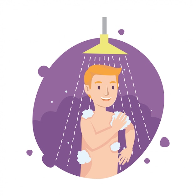 Vector vectorillustratie van de glimlachende mens die douche in badkamers nemen