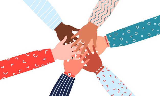 Vectorillustratie van de handen van een diverse groep mensen samen