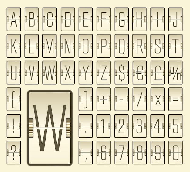 Vector vectorillustratie van de luchthaven terminal retro mechanische scorebord lettertype met cijfers om vlucht vertrek of aankomst info weer te geven beige luchtvaartmaatschappij flipboard smalle alfabet voor bestemming of rooster