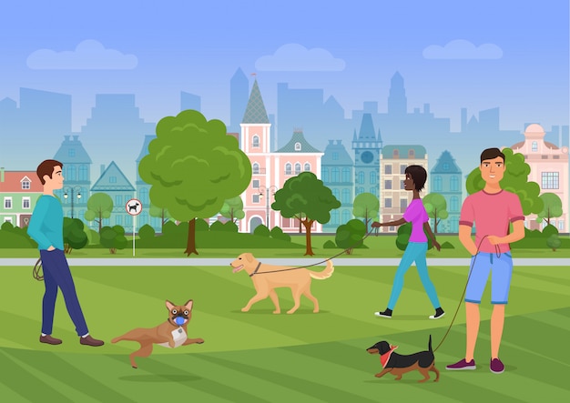 Vectorillustratie van de mensen die met honden in het stadspark lopen