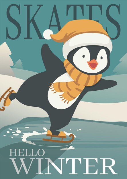 Vector vectorillustratie van de winteractiviteit pinguïn schaatsen