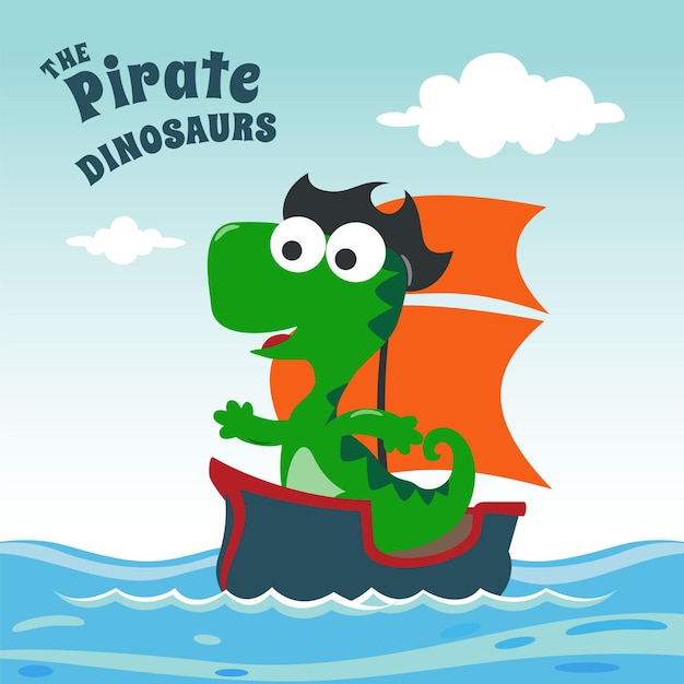 Vector vectorillustratie van dinosaurus piraat op een schip op de zee met cartoon stijl creatieve vector kinderachtig achtergrond voor stof textiel kinderkamer behang poster kaart brochure vectorillustratie