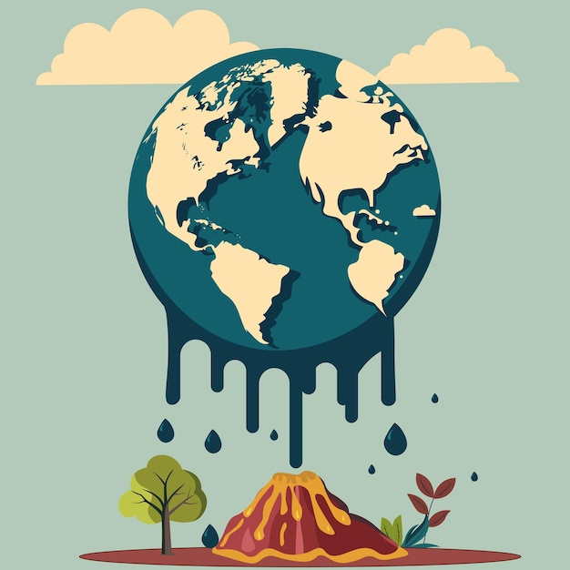 Vector vectorillustratie van earth globe druipend over vulkaan en natuur achtergrond