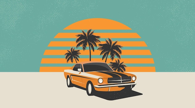 Vectorillustratie van een Amerikaanse muscle car met zonsondergang en retrostijl palmbomen